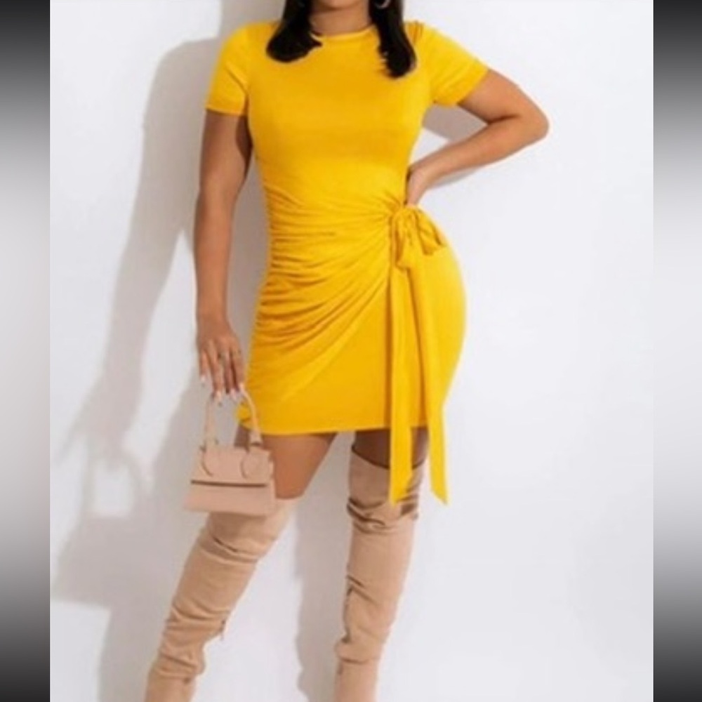 Elegant Yellow Ruched Dress sz XL